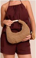 PrettyLittleThing Gold Metal Handle Raffia Hand Bag - Natural