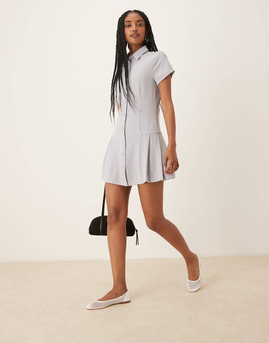 Collared Button Down Mini Dress - Grey