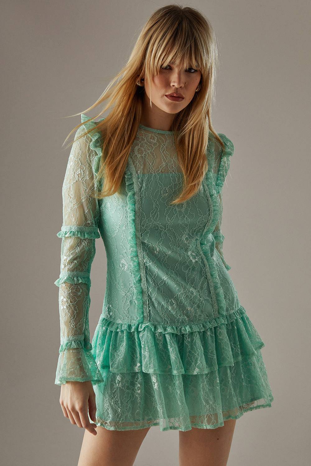 Warehouse Lace Ruffle Insert Mini Dress - Sage