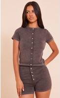 PrettyLittleThing Contour Rib Short Sleeve Popper Top - Chocolate