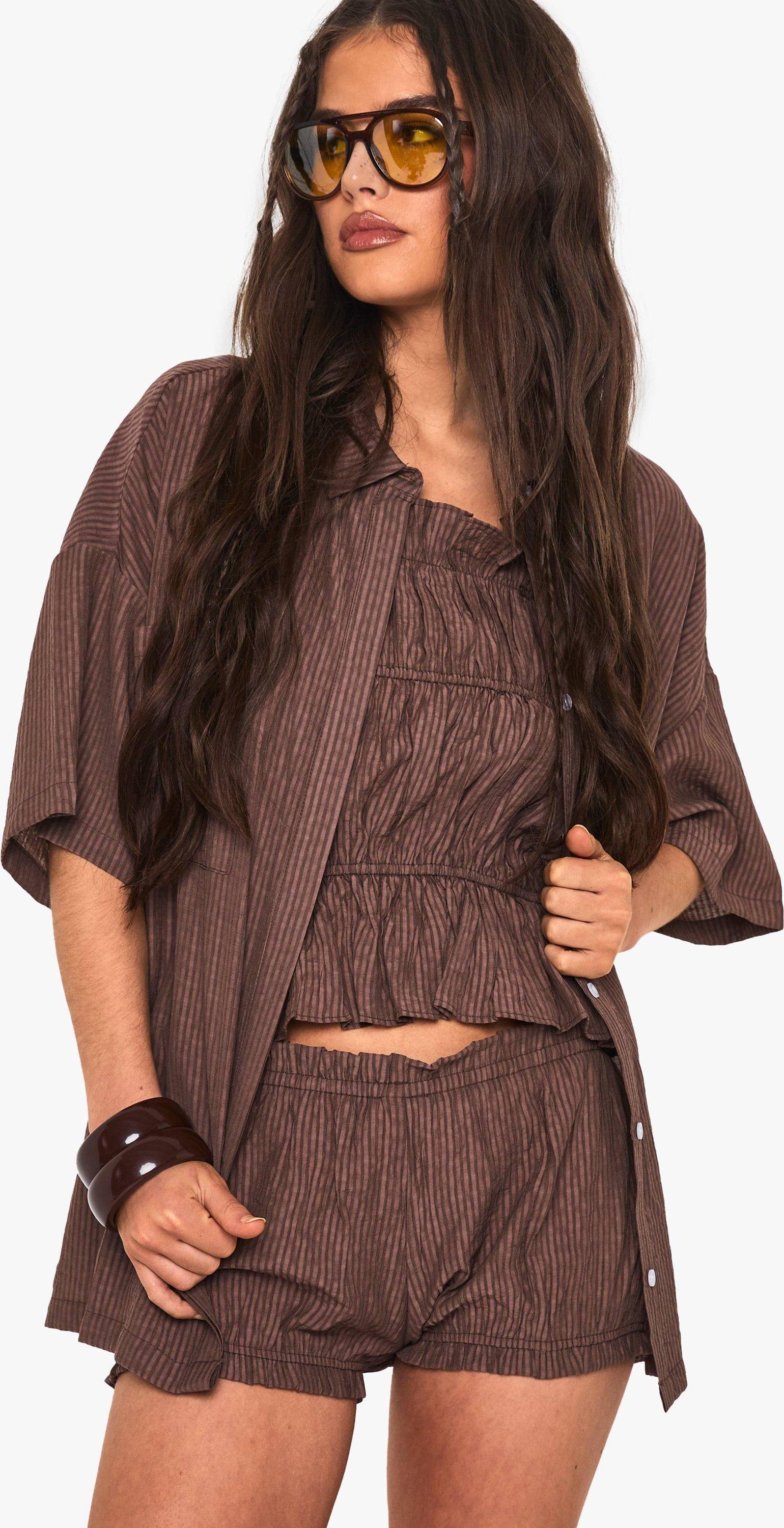 boohoo Textured Stripe Ruffle Shorts - Brown