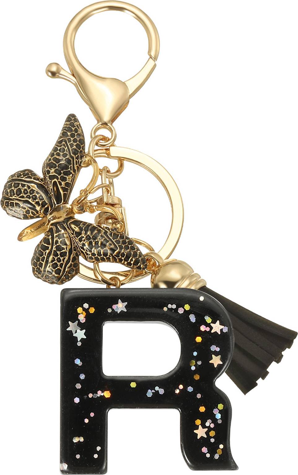 Uxcell Initial Letter Keychain Butterfly Tassel Letter R - Black