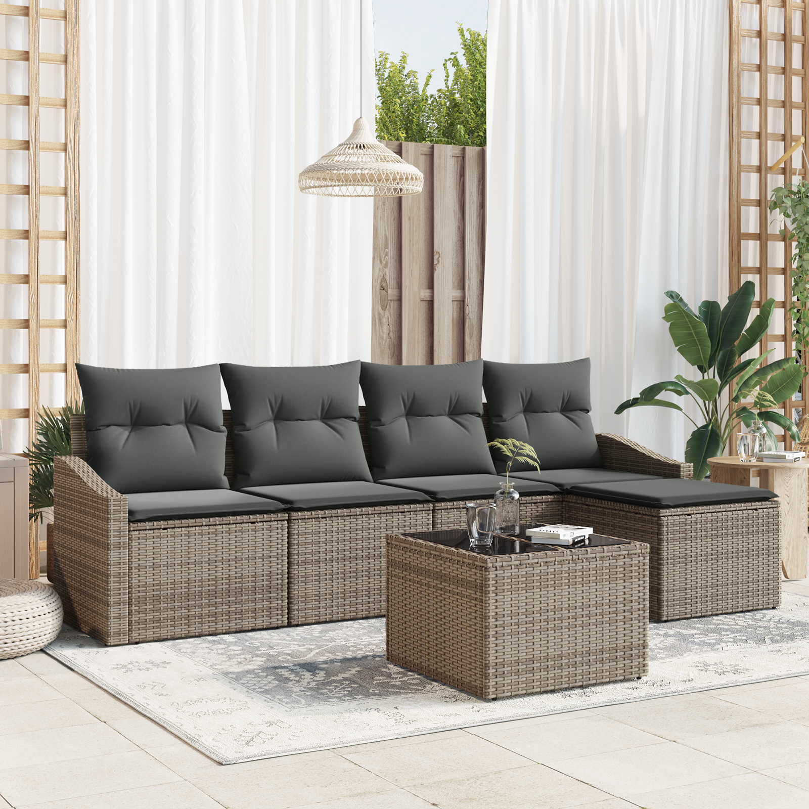 vidaXL 5 Stykker Havemøbel Sæt Med Puder Sort Poly Rattan Modulsofa