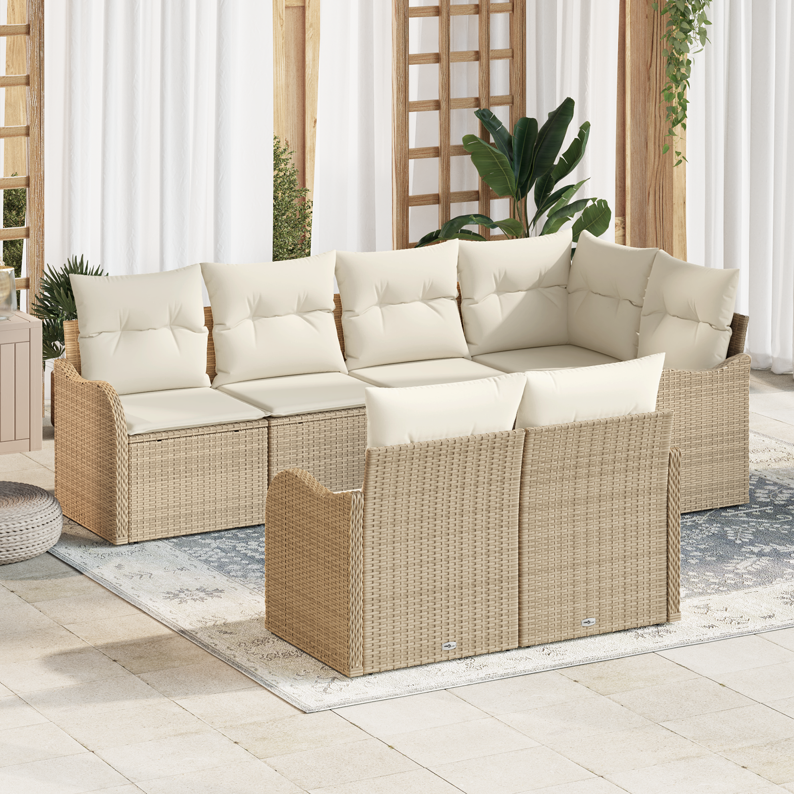 vidaXL 7 Delars Trädgårdsoffa Set Med Kuddar Beige Poly Rattan Modulsoffa