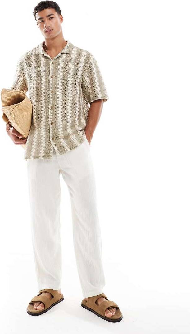 Camicia Maniche Corte Testurizzata Righe Color Pietra Écru - Neutro