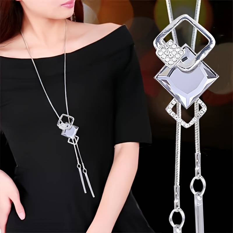 Temu Fashionable Rhinestone Square Pendant Long Sweater Chain