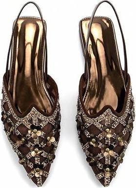 Shein Glamorous Rhinestone Rivet Decorated Flower Bronze Suede Closed Toe Slingback - Glamorous