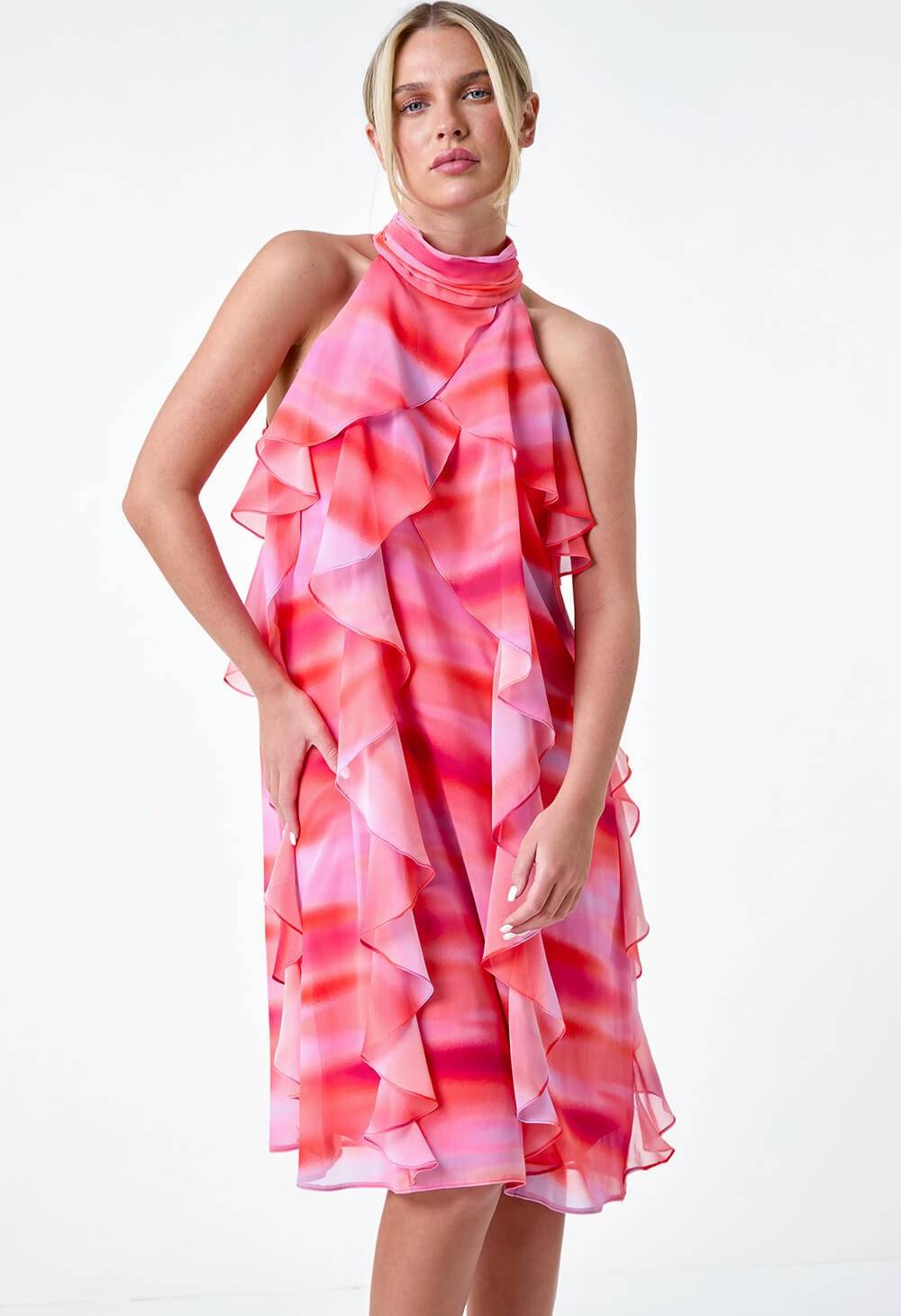 Roman Abstract Halter Neck Ruffle Dress - Orange