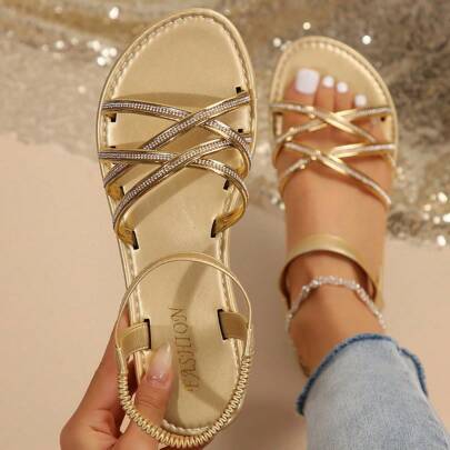 Shein Plus Size Women Rhinestone Slip-On Sandals - Multicolor