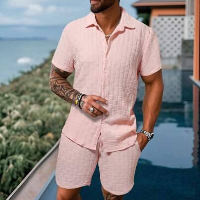 Shein Solid Color Front Button Short Sleeve Top Pocket Set - Men