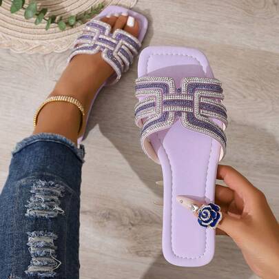 Shein Rhinestone Embellished Luxury Flat Slide Sandals - Spring Summer
