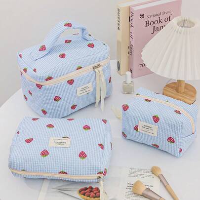 Shein Cute Blue Strawberry Pattern Cosmetics Storage Bag With Ribbon
