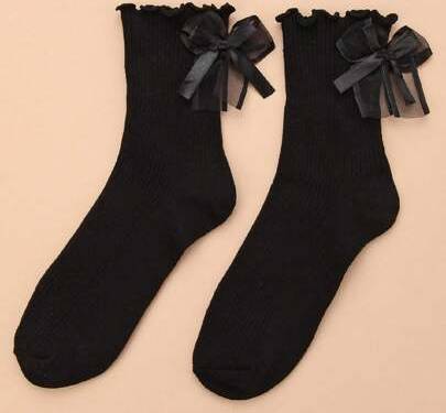 Shein Ruffle-Trim Striped Bow Design Socks - Black