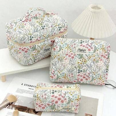 Shein Cute Rabbit Quilted Makeup Bag Set - Beige