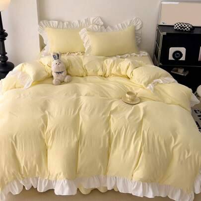 Shein 3pcs Soft Comfortable Yellow Ruffle Bedding Set Bed Linen