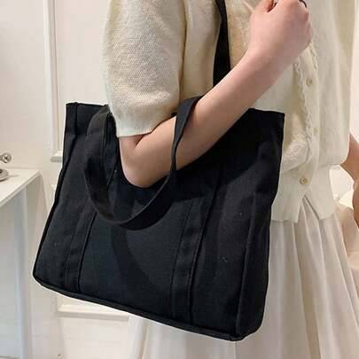 Shein Solid Color Canvas Shoulder Bag Large Capacity - Spring Summer