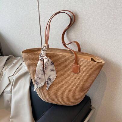 Shein Simple Large-Capacity Contrast Color Woven Tote Bag - Color