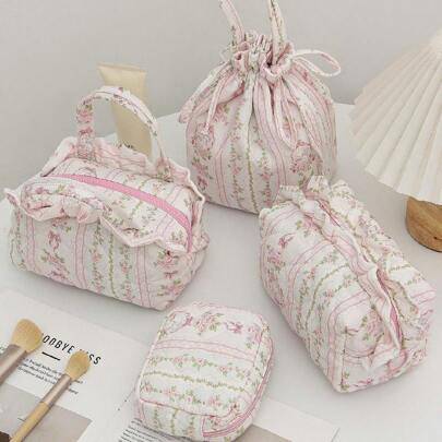 Shein Quilted Bow Floral Cosmetic Bag Set With Print Rabbit Ruffle