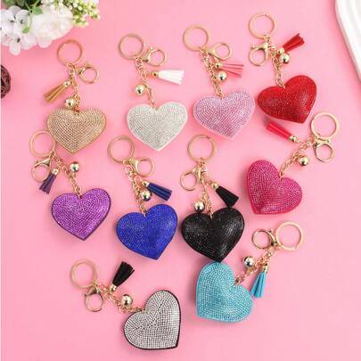 Shein Rhinestone Heart Solid Color Bag Charm Keychain - Metal