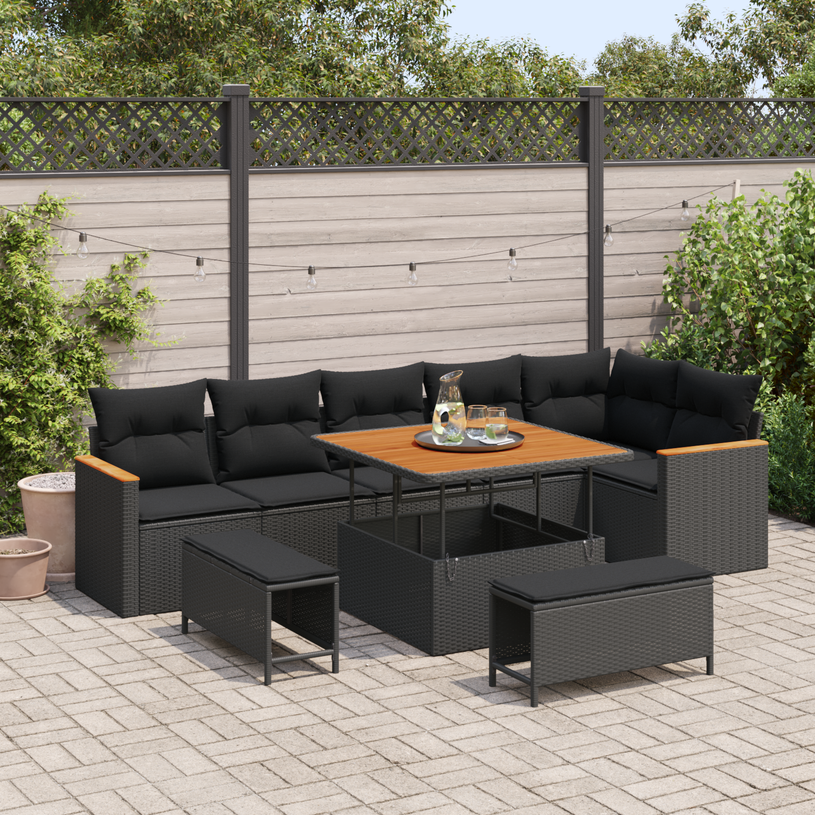 vidaXL Trädgårdsoffset Med Kudde 9 Pcs Svart Poly Rattan Modulsoffa