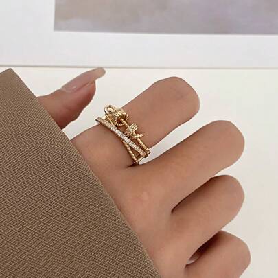 Fidget ring Shein Multi-Layer Rotating Cross Design Adjustable Fidget Ring - Rhinestone Inlay