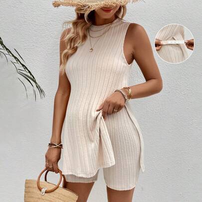 Shein Maternity Vacation Solid Color Side Split Tank Top Set