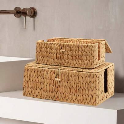 Shein 2pcs Handwoven Rattan Cable Organizer Boxes Storage Box
