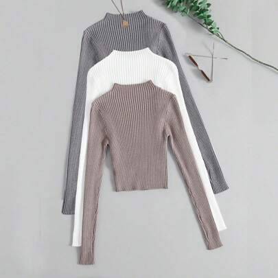 Shein Solid Color Long Sleeve Ribbed Knit Pullover Sweater - Fall/Winter