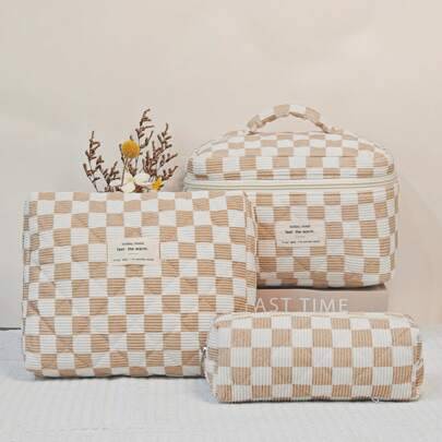 Shein Simple Premium Makeup Bag In Checkered Pattern - Wit