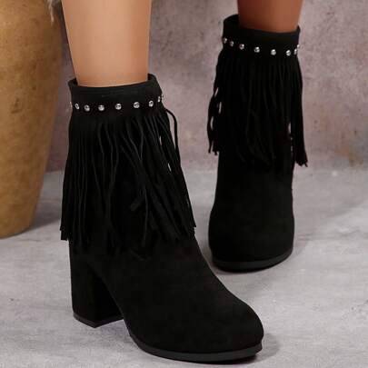 Shein Retro Fringe High Heel Boots Rivet Western