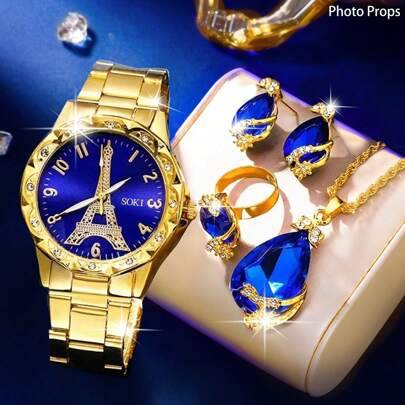 Shein 5Pcs Full Rhinestone Quartz Watch & Jewelry Set