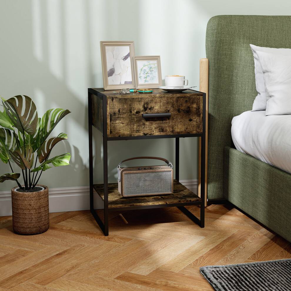 Homcom Modern Nightstand with Drawer Shelf Rustic Brown Bedside Table