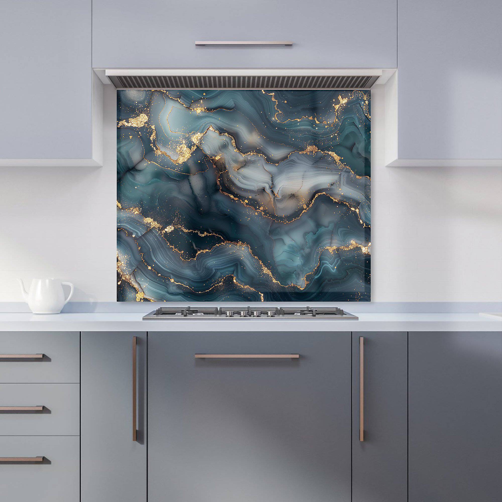 Warren Reed Blues And Gold Marble Effect Kitchen Splashback Splash Guard 60cm