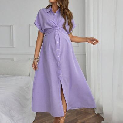 Shein Maternity Solid Color Front Button Split Short Dress