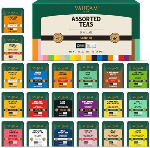 Vahdam Assorted Tea Sampler 20 Variants 40 Pyramid Tea Bags