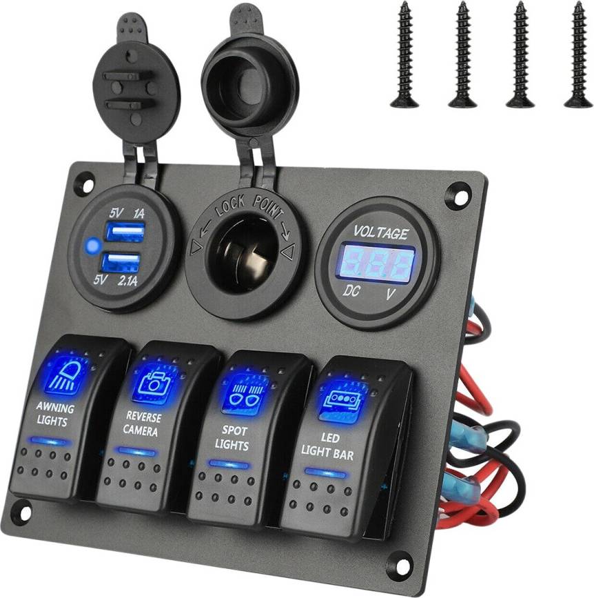 Spactz 4 Gang Toggle Blue LED Rocker Switch Panel