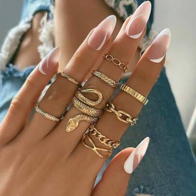 Shein Metal Chunky Chain Snake Design Knuckle Rings - 9pcs