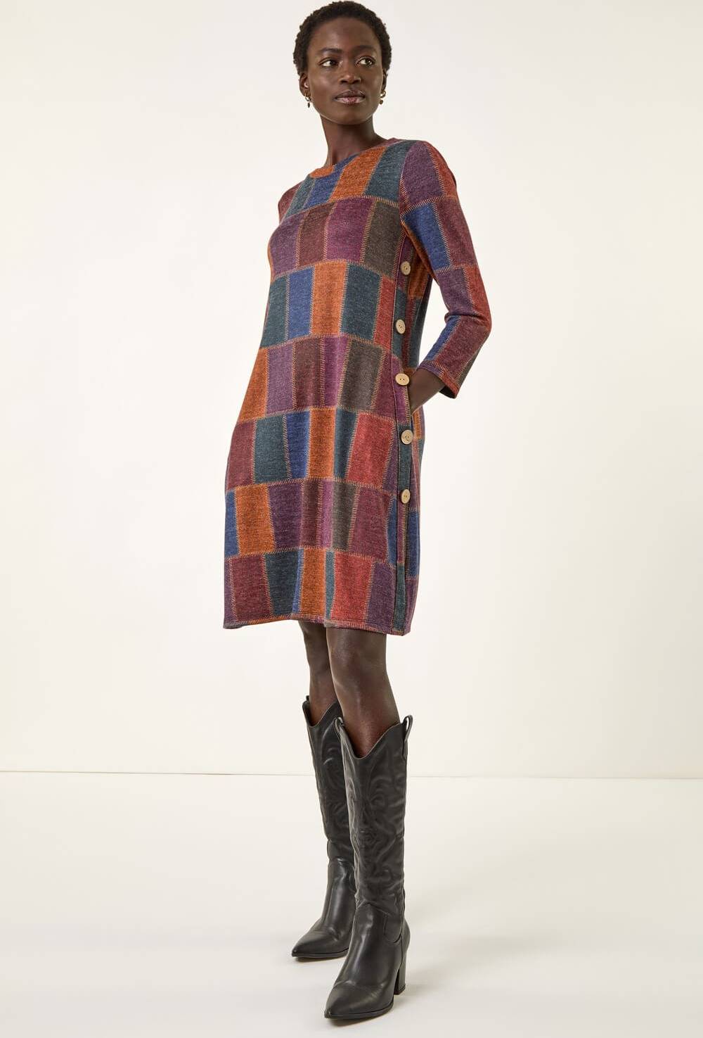 Roman Button Swing Dress - Multicolor Patchwork