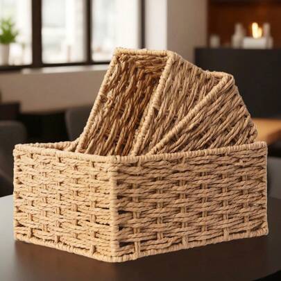 Shein Desktop Handmade Rattan Organizer Tray Storage Box