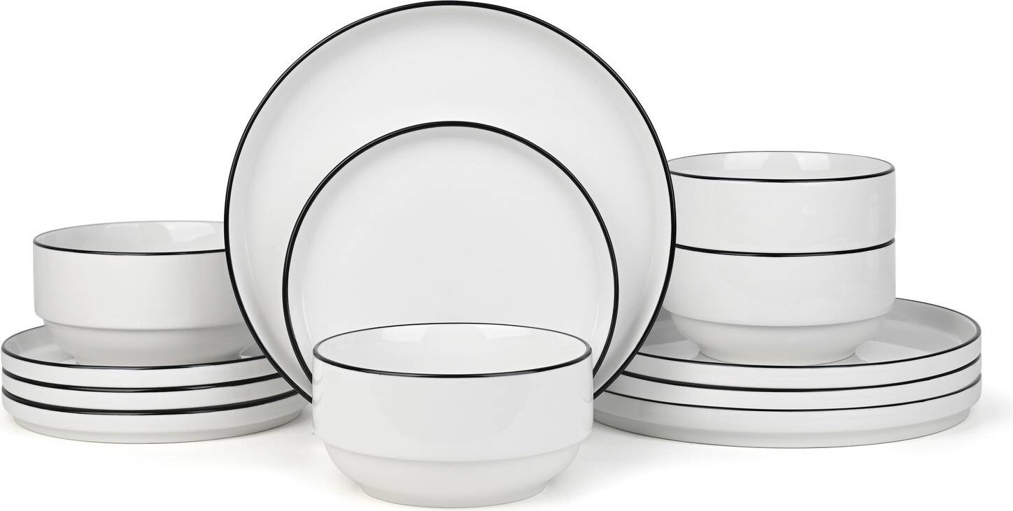 Waterside 12pc Stackable White Black Rim Dinner Set