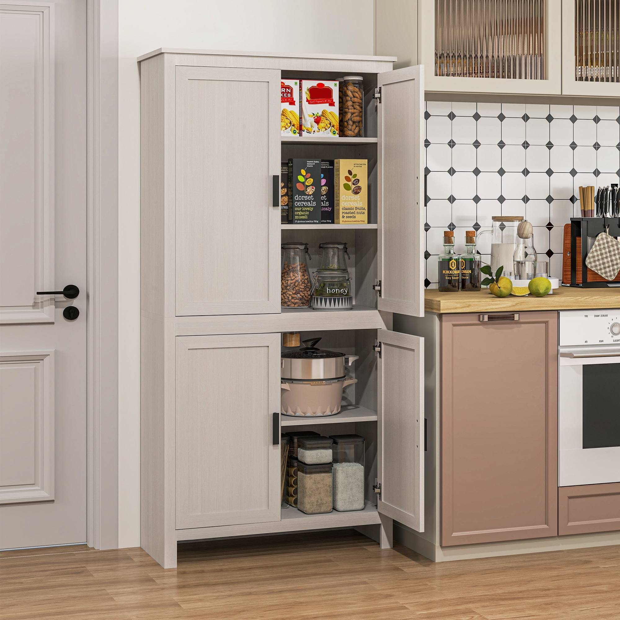 Homcom 64 Inch Kitchen Pantry With 4 Doors Storage Cabinet