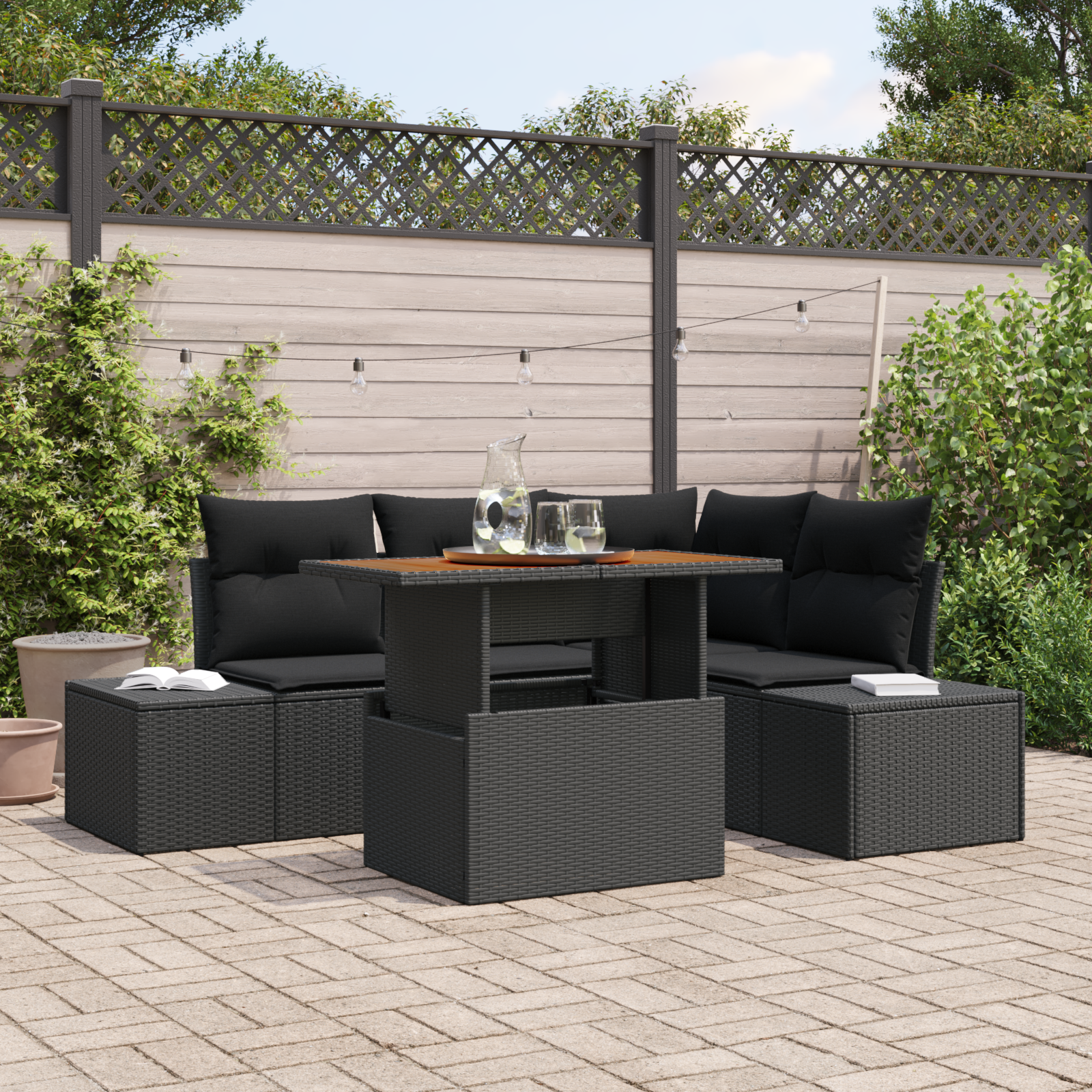 vidaXL Trädgårdsoffset med Lagring 5 pcs Svart Poly Rattan Modulsoffa