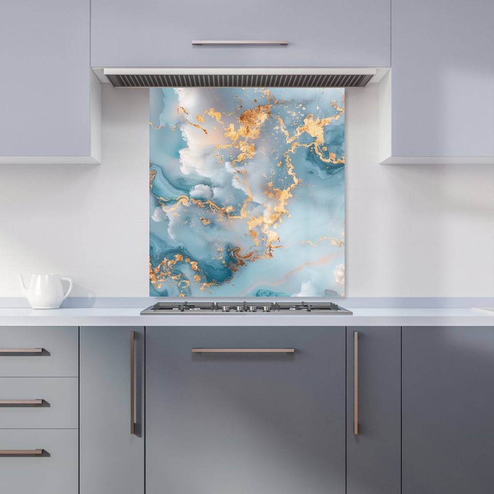 Warren Reed Blue Gold Marble Effect Glass Kitchen Splashback 65 x 70 cm Splash Guard