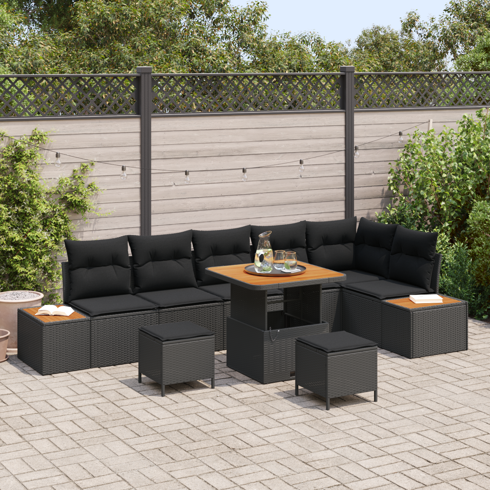 vidaXL Trädgårdsoffaset 9 Pcs Svart Poly Rattan Modulsoffa