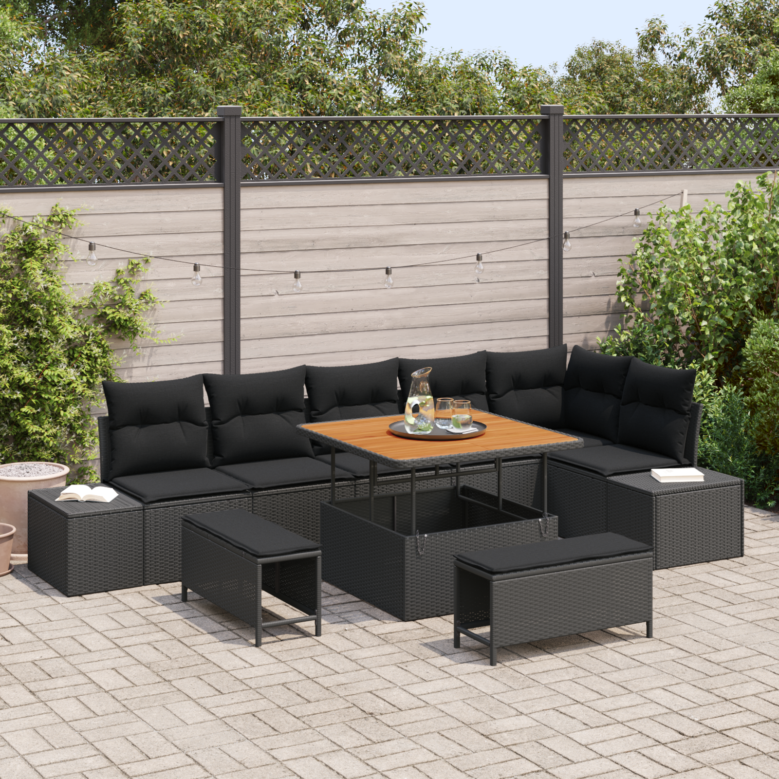 vidaXL Trädgårdsoffset Med Kudde 9 Pcs Svart Poly Rattan Modulsoffa
