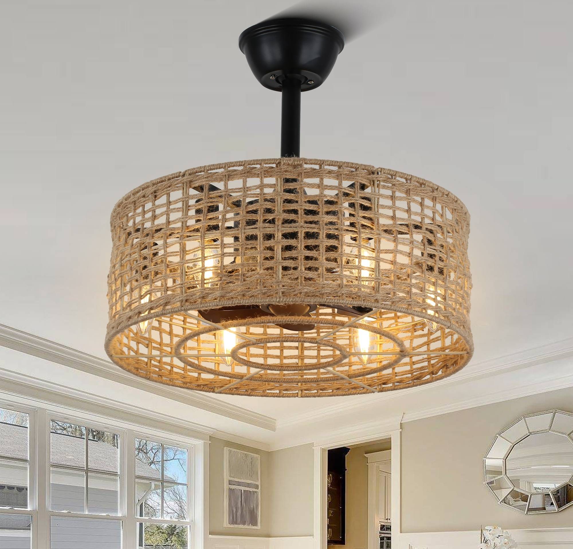 Rattan ceiling fan Oaks Aura 20 Inch Rattan Boho Caged Ceiling Fan