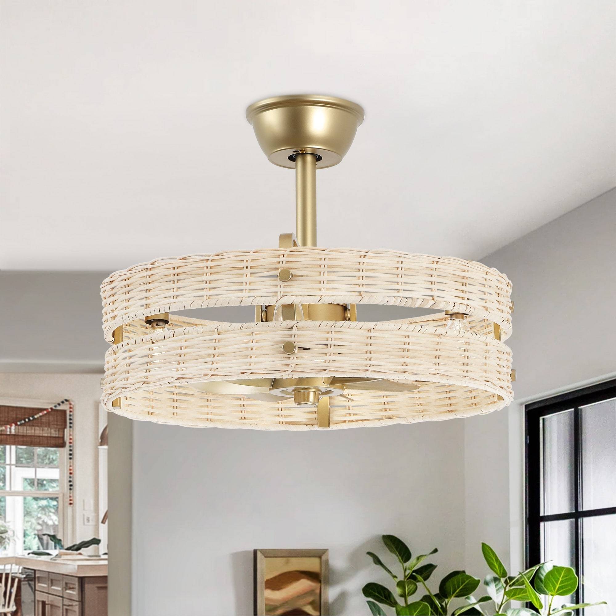 Rattan ceiling fan GETLEDEL 18.5 Rattan Caged Ceiling Fan Light Kit