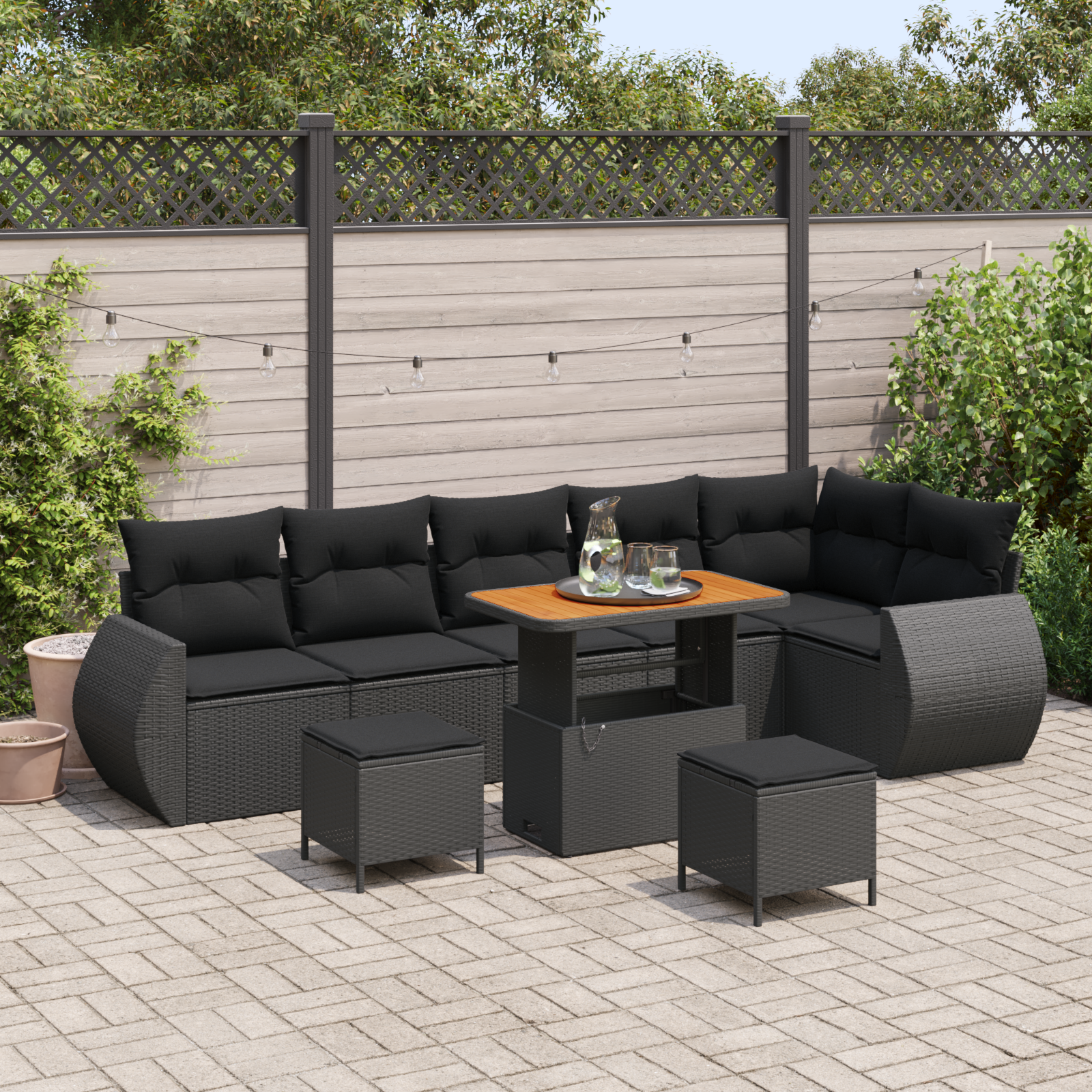 vidaXL Trädgårdsoffset Med Kudde 9 Pcs Svart Poly Rattan Modulsoffa