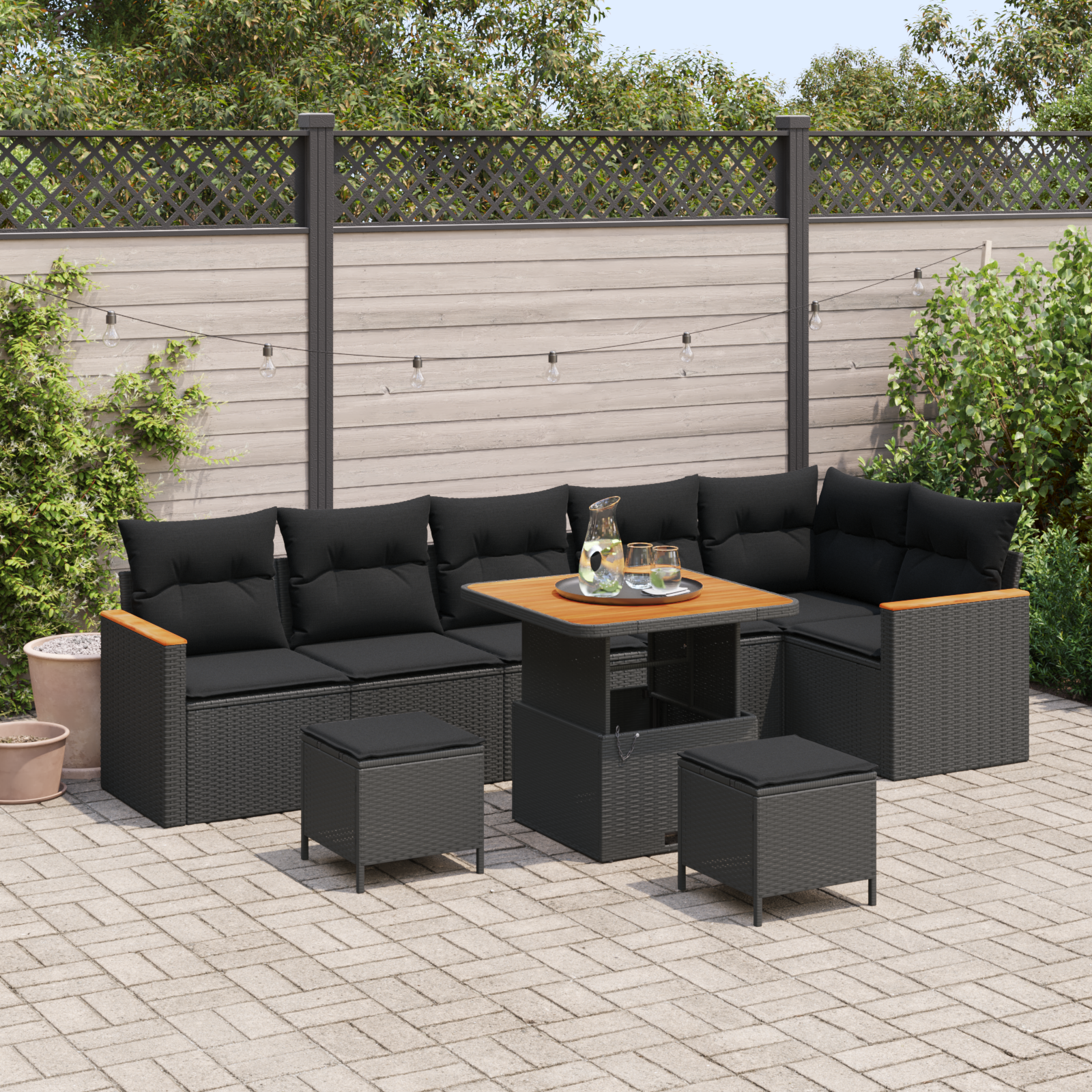 vidaXL Trädgårdsoffset Med Kudde 9 Pcs Svart Poly Rattan Modulsoffa