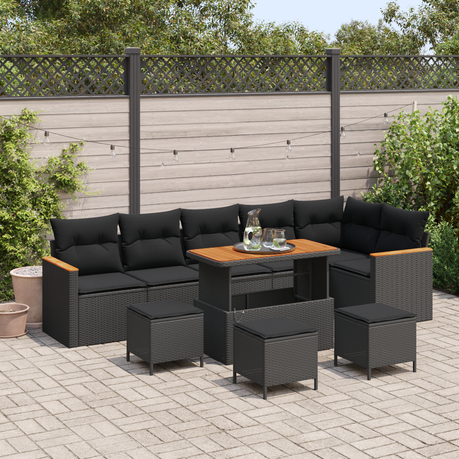 vidaXL Trädgårdsoffset Med Kudde 10 Pcs Svart Poly Rattan Modulsoffa